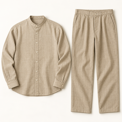 Kyoto Band-Collar Shirt & Trouser Set - flat lay, no model