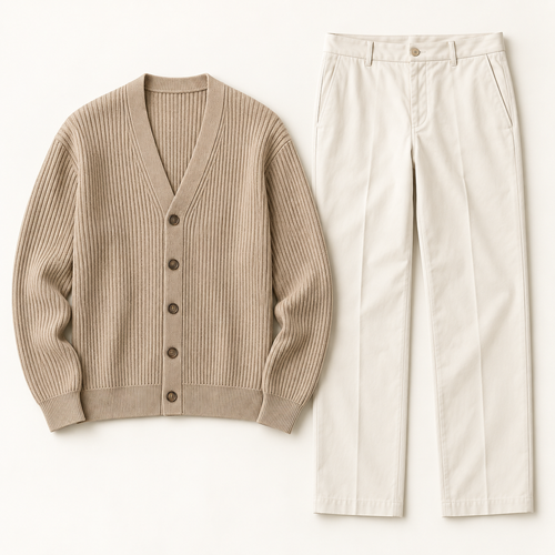 Como Ribbed Cardigan & Trouser Set - flat lay, no model